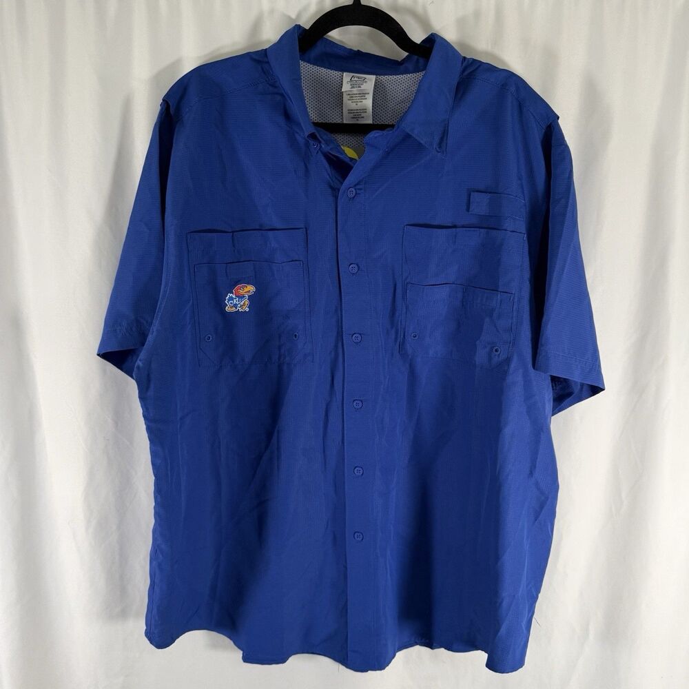 New KU Jayhawks Fishing Shirt Mens XL Blue Short Sleeve Pockets Pro Edge UPF 50+